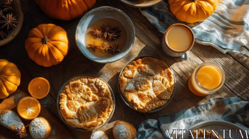 Rustic Thanksgiving Table: Pumpkin Pies, Oranges, and More AI Image