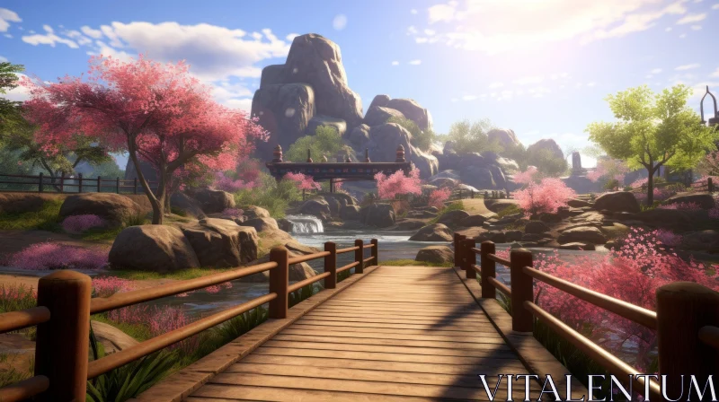 Tranquil Bridge with Pink Flowers in a Mountain Landscape AI Image