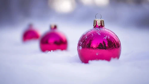 Festive Pink Baubles in Snowy Setting