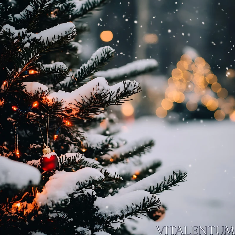 Christmas Tree with Ornaments and Lights in Snow AI Image