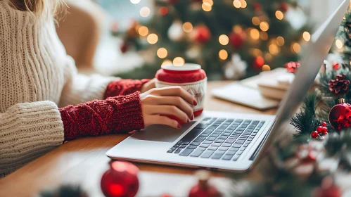 Holiday Workspace with Christmas Tree and Ornaments