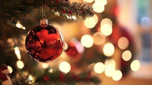 Holiday Cheer: Red Christmas Ornament and Glowing Lights