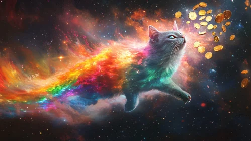 Fantasy Cat in Space with Rainbow and Gold