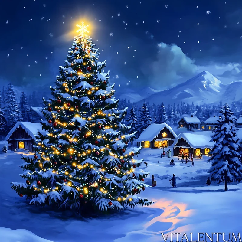 Festive Winter Night with Illuminated Christmas Tree AI Image