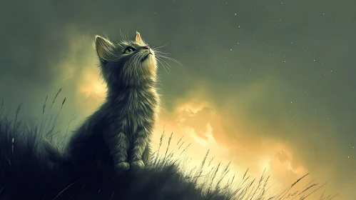 Fluffy Cat Looking at Stars in a Mystical Twilight