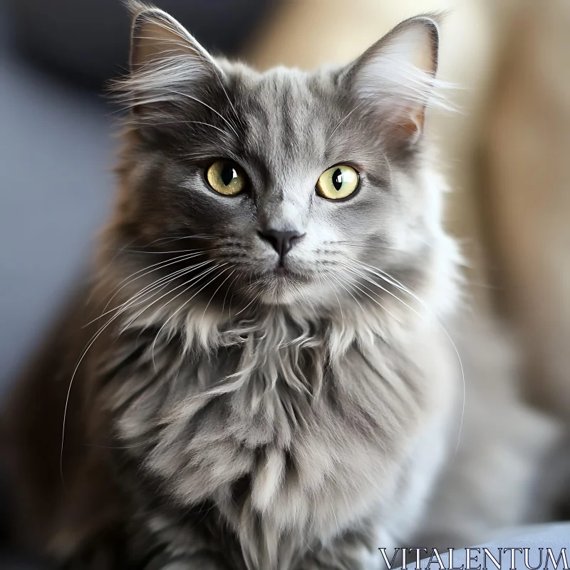 Fluffy Grey Cat with Prominent Whiskers and Yellow Eyes AI Image