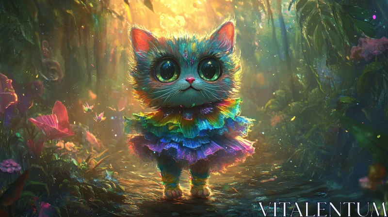 Adorable Cat in Fantasy Forest AI Image