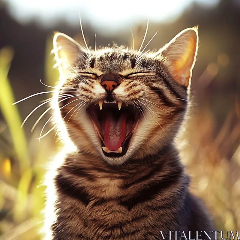 Yawning Cat in Sunlit Nature AI Image