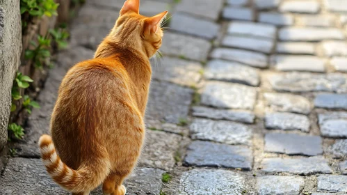 Ginger Feline Strolling on Historic Stone Path