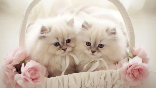Adorable White Kittens in Wicker Basket with Pink Roses