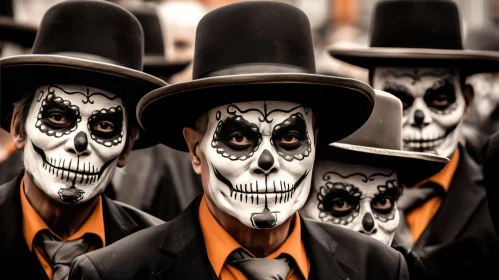 Captivating Image of People with Sugar Skulls in Elaborate Costumes