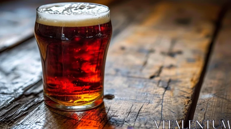 Close-Up Glass of Beer on Wooden Table: Rich Amber-Colored Beer with Foam AI Image