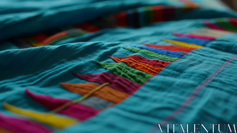 Colorful Embroidery on Blue Cotton Fabric - Close-Up AI Image
