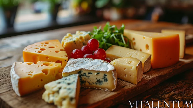 Delicious Assortment of Cheeses on a Wooden Board AI Image