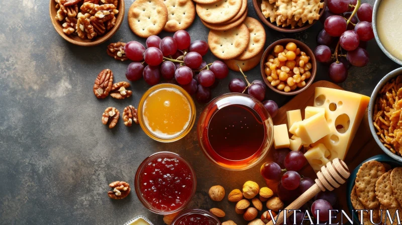 Delicious Assortment of Snacks and Drinks on a Wooden Table AI Image