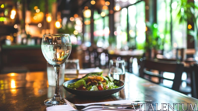 Delicious Salad and Wine at a Cozy Restaurant AI Image