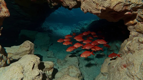 Enchanting Underwater Scene: Red Fish Swimming in a Mysterious Cave