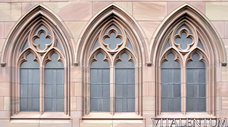 Geometric Pattern Stained Glass Windows in Beige Stone Building AI Image