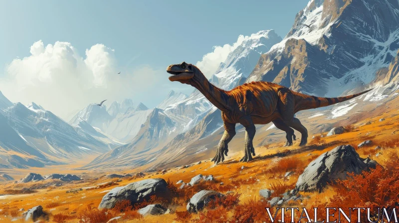 Mesmerizing Digital Painting of a Dinosaur in a Mountainous Landscape AI Image