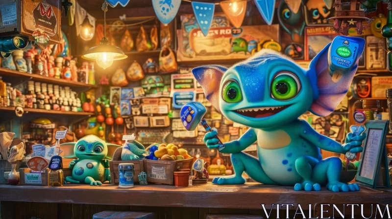 Playful Cartoon Character with a Green Turtle and Blue Bottle at a Bar AI Image