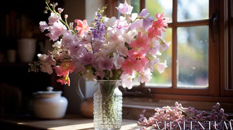 Rustic Charm: Vase of Flowers on an English Countryside Windowsill AI Image