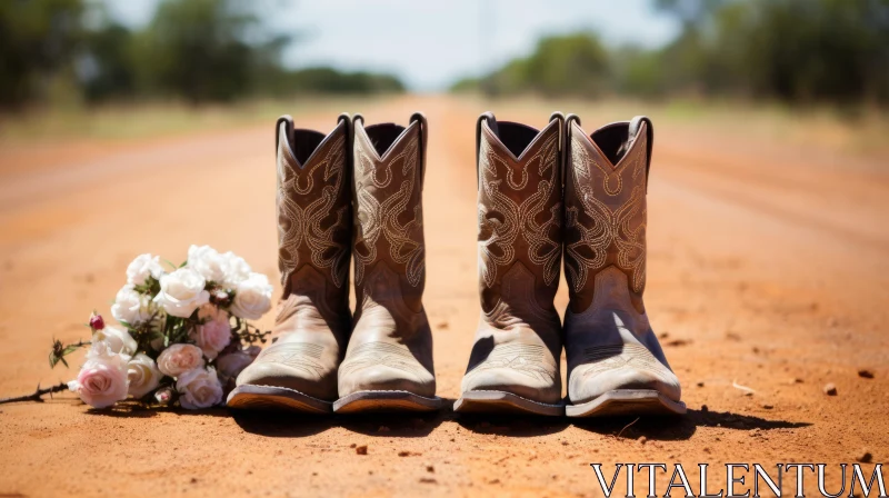 Rustic Romance: Cowboy Boots on Australian Dirt Road AI Image