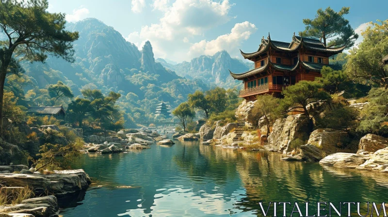 Serene Chinese Mountain Village Landscape | Nature Photography AI Image