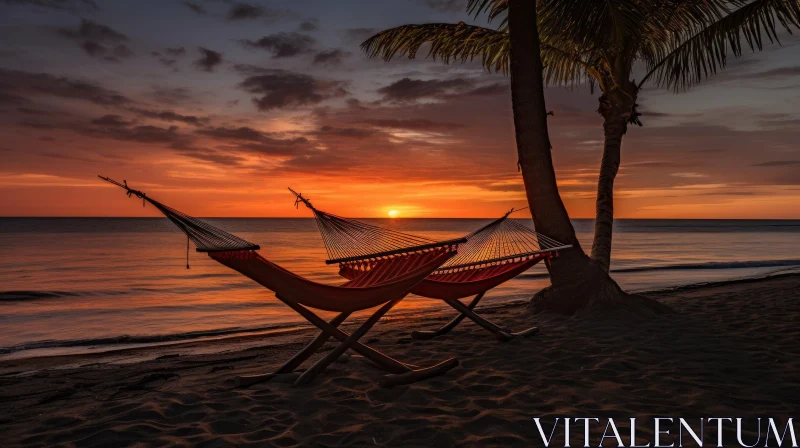 Tranquil Sunset: Hammocks on the Beach AI Image