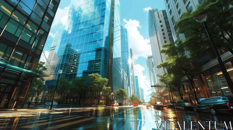 Urban Reflections: Modern Skyscrapers in Rainy City AI Image