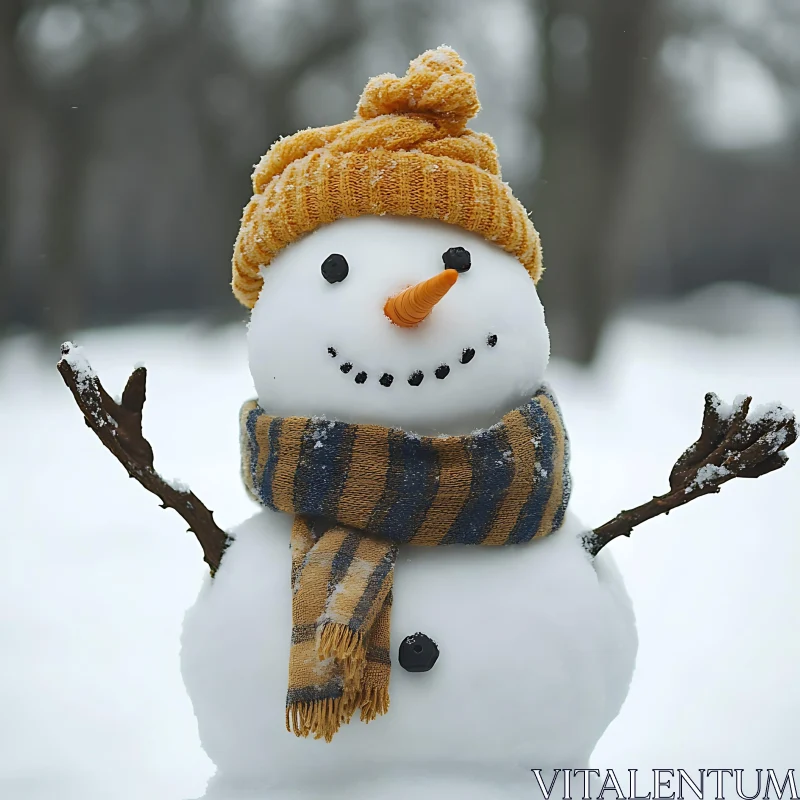 Smiling Snowman with Carrot Nose in Snowy Scenery AI Image