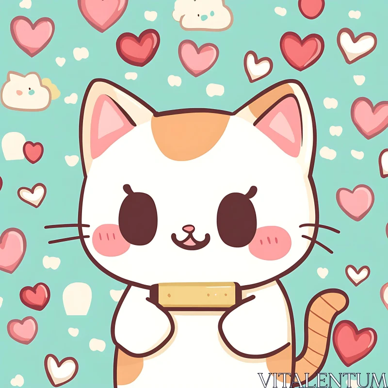 Playful Cat with Hearts Background AI Image