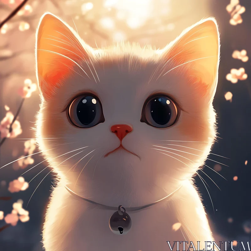 Cute White Kitten Portrait with Blossoms AI Image