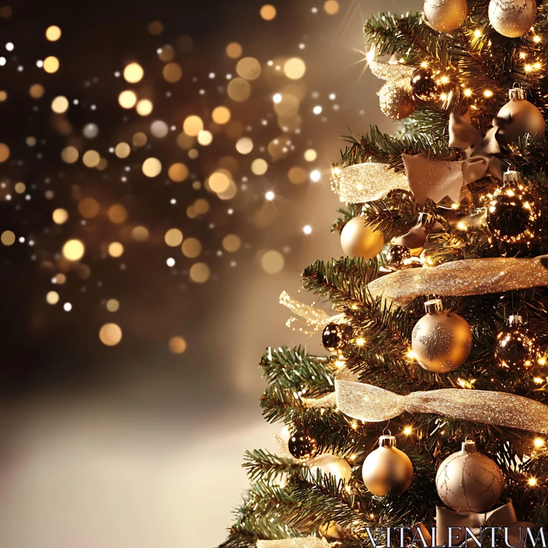 Golden Themed Christmas Tree Festooned with Lights AI Image