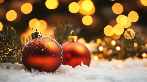 Christmas Ornaments in Snow with Golden Light Background