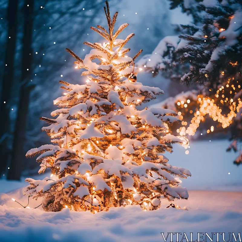 Snow-Covered Christmas Tree with Glowing Lights in Winter Wonderland AI Image