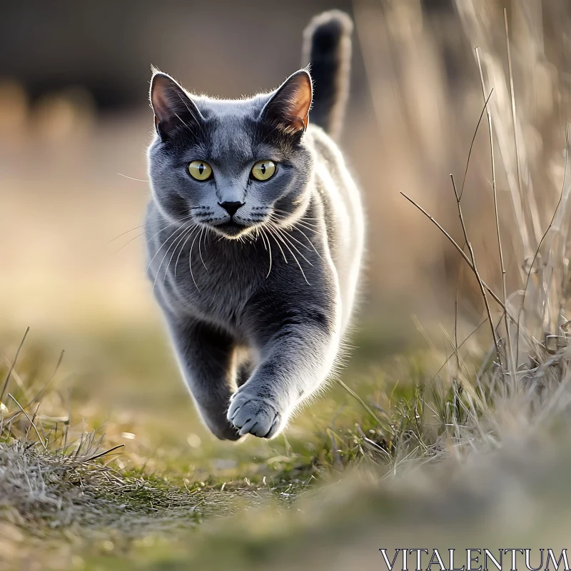 Confident Cat Walking in Grassy Path AI Image