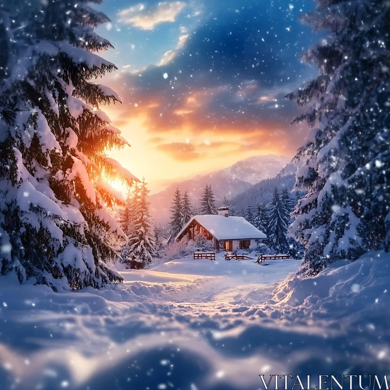 Serene Snowy Cabin with Sunset Backdrop AI Image