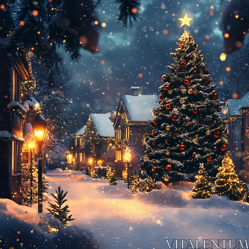 Festive Winter Village with Snow and Christmas Tree AI Image