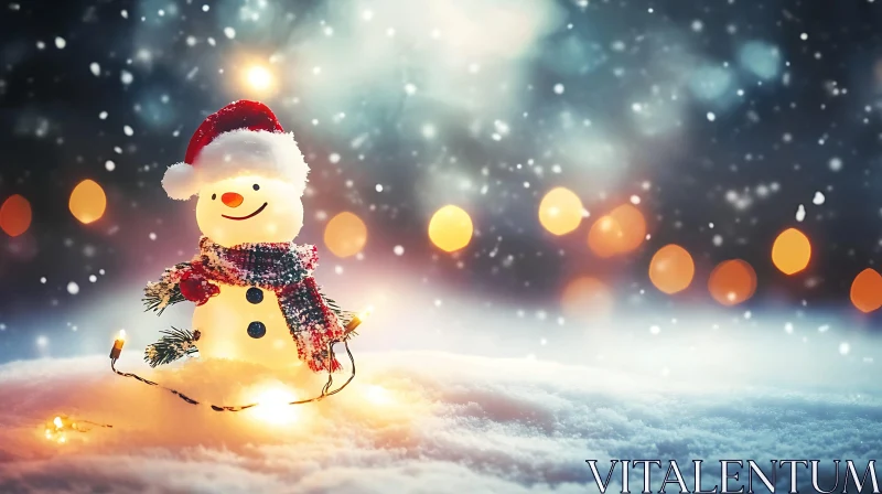 AI ART Snowman with Santa Hat and Holiday Lights