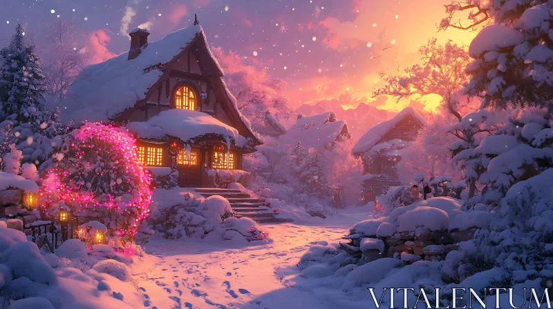 AI ART Snow-Covered Cottage with Warm Lighting