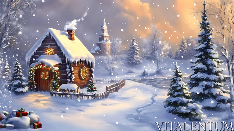 Festive Cabin in Snowy Scenery AI Image