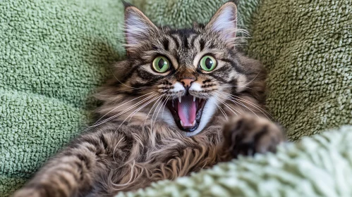 Cat Showing Expression on Green Blanket