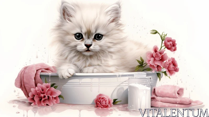 Adorable White Kitten Surrounded by Pink Flowers AI Image