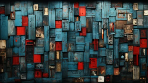 Blue and Red Wooden Wall - Abstract Art