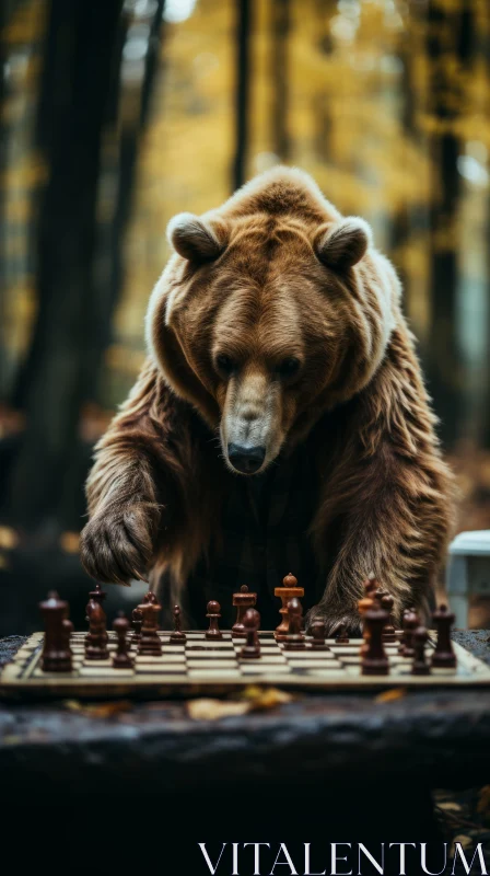 Brown Bear Playing Chess in Forest AI Image