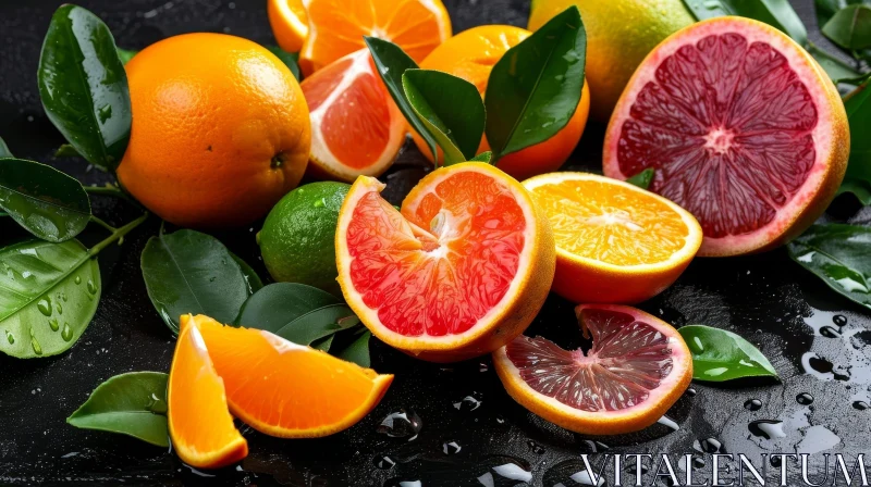 Captivating Still Life of Citrus Fruits on a Black Table AI Image