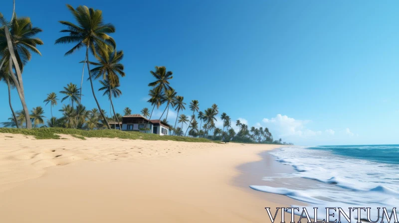 Charming Tropical Beach with Palm Trees and Hut AI Image