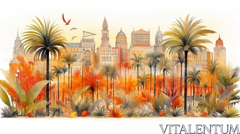 Cityscape Illustration with Palm Trees and Plants in Light Gold and Orange AI Image
