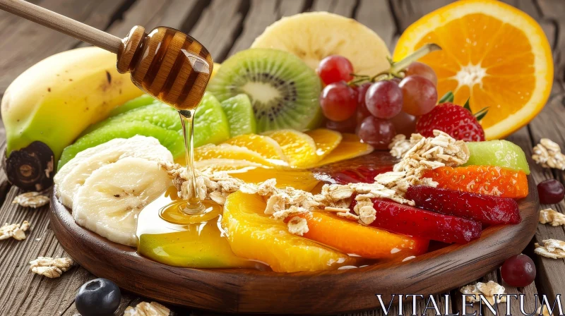 Delicious and Refreshing Fruit Plate with Honey and Granola AI Image