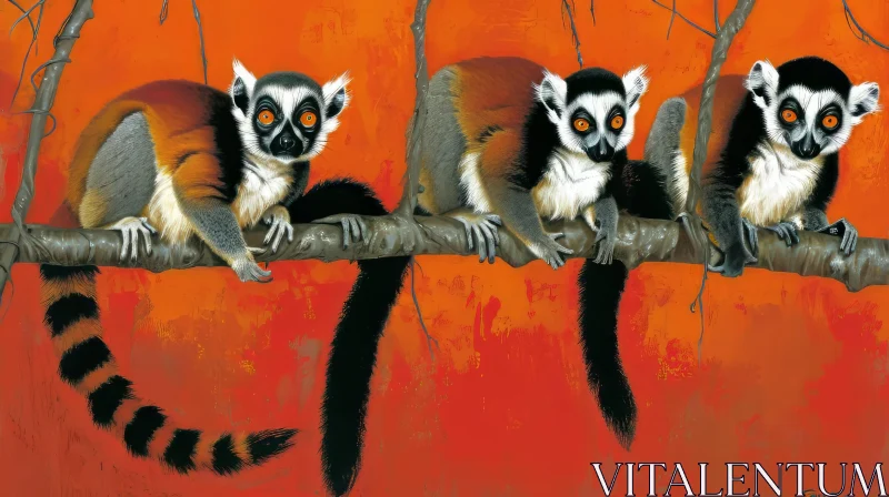 Digital Painting of Curious Lemurs on Branch AI Image